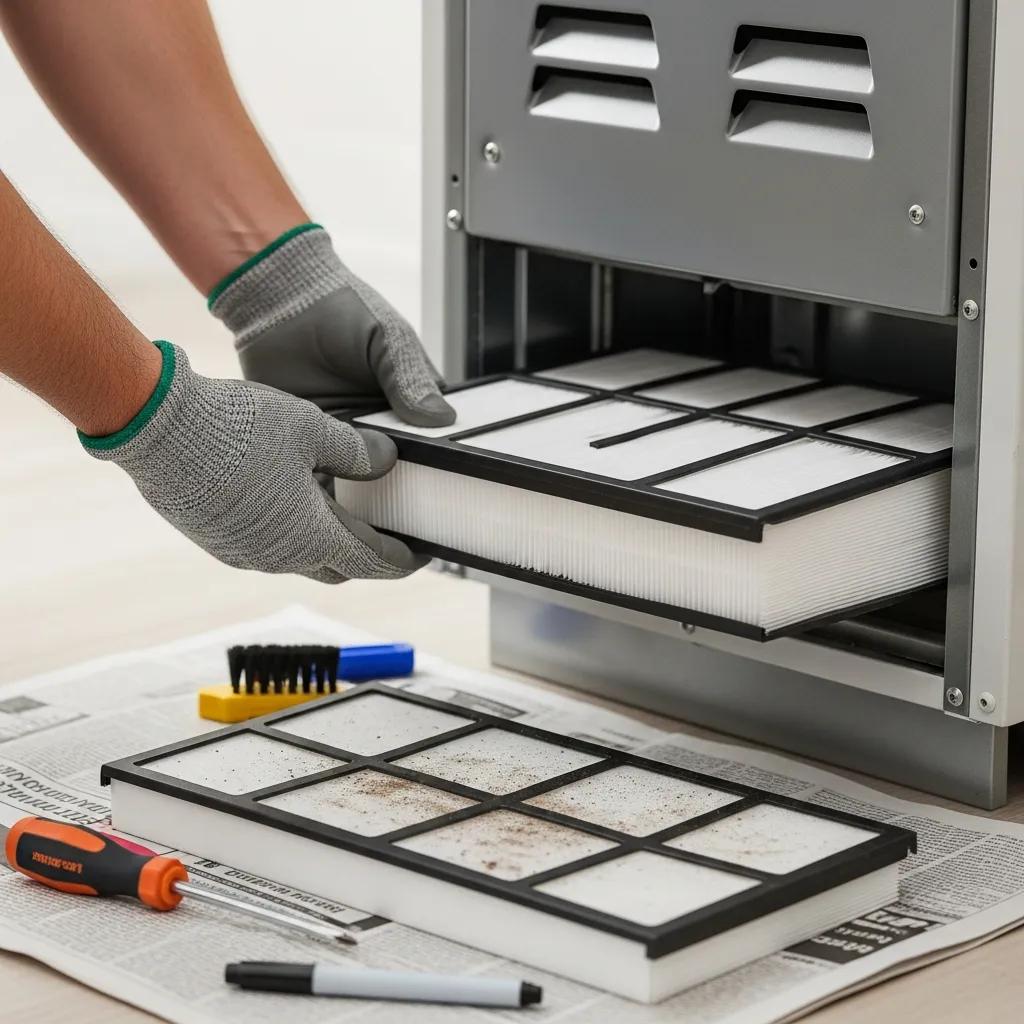 Homeowner replacing a furnace filter to maintain regular heating system performance