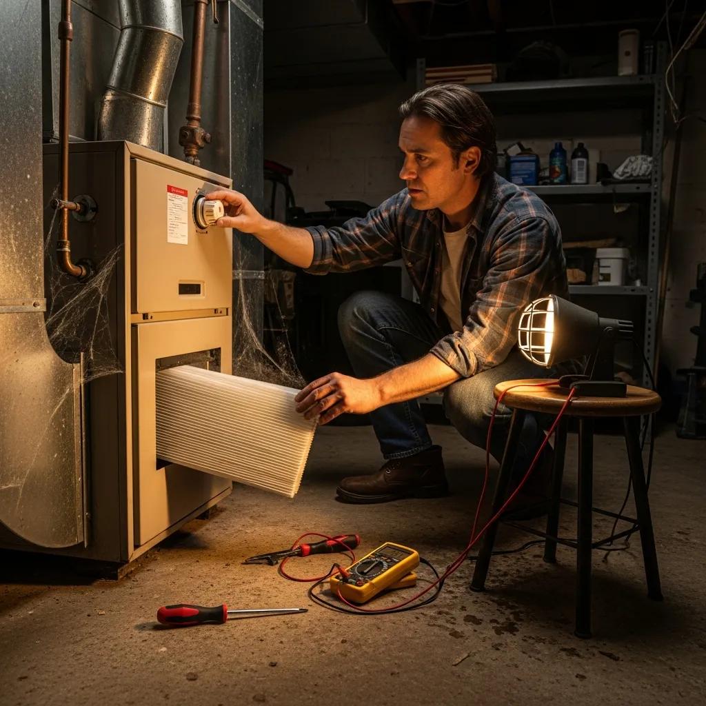 Homeowner inspecting thermostat and air filter while troubleshooting a furnace