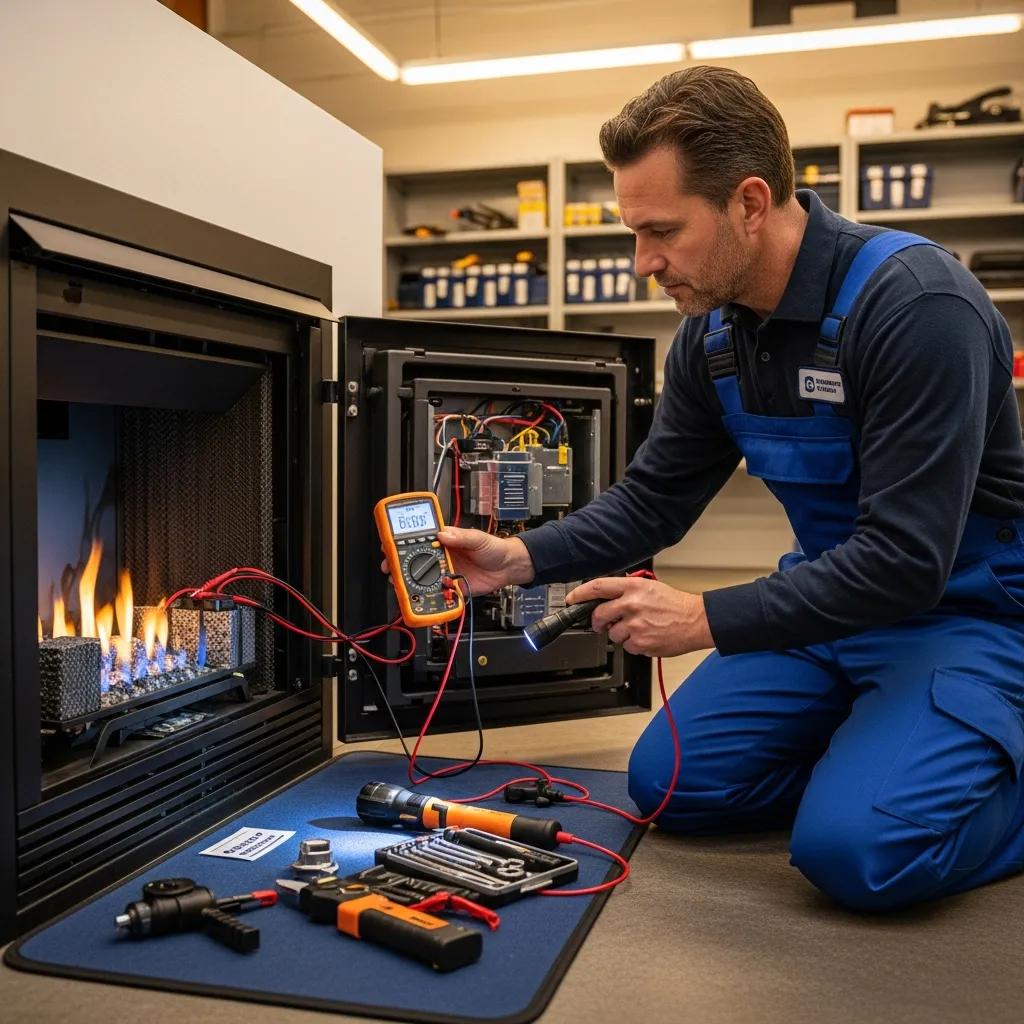Certified technician diagnosing a gas fireplace using diagnostic tools