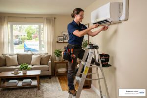 Technician installing a wall-mounted air conditioning unit indoors, emphasizing HVAC installation services for home comfort in Kaysville, UT.