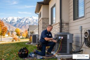 HVAC technician installing a high-efficiency air conditioning unit outside a home in Northern Utah, with mountains in the background, showcasing expert service by Anderson HVAC.