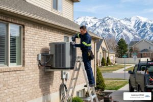 Technician installing an air conditioning unit on a residential building in Farmington, UT, with mountains in the background, emphasizing the importance of AC installation for summer comfort.